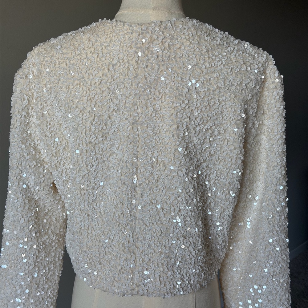 H&M Ivory Sparkling Sequin Tie Front Jacket with Black Bows-S - Picture 8 of 16